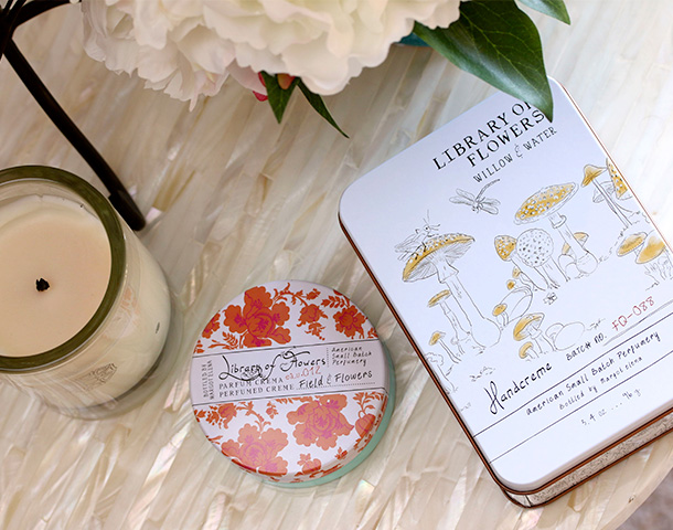Library of Flowers Field & Flowers Parfum Creme ($21) and Library of Flowers Willow & Water Coco Butter Handcreme ($25)